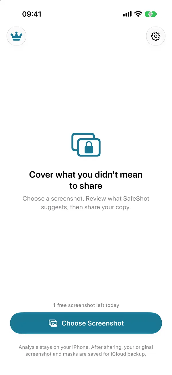 Home: Cover what you didn't mean to share, with the Choose Screenshot button and one free screenshot left today.