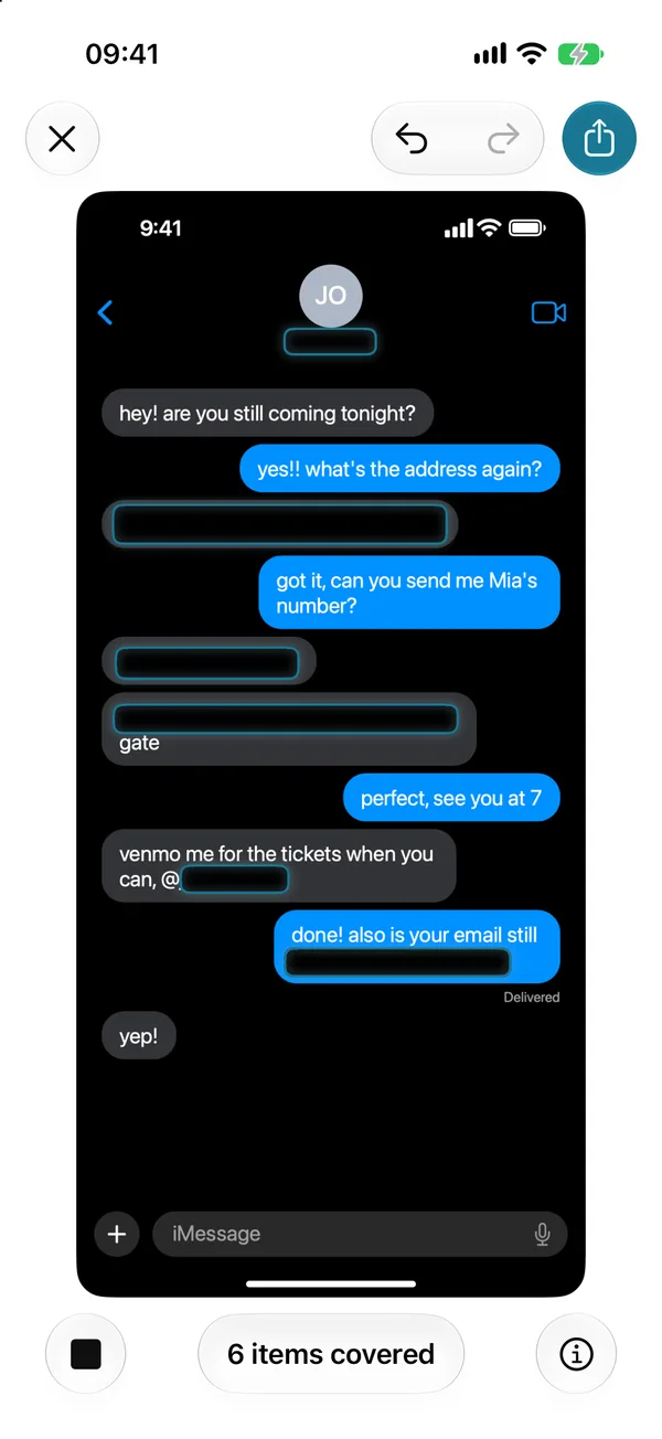 A chat in Dark Mode with six items covered: name, address, phone, handle, email and gate code.
