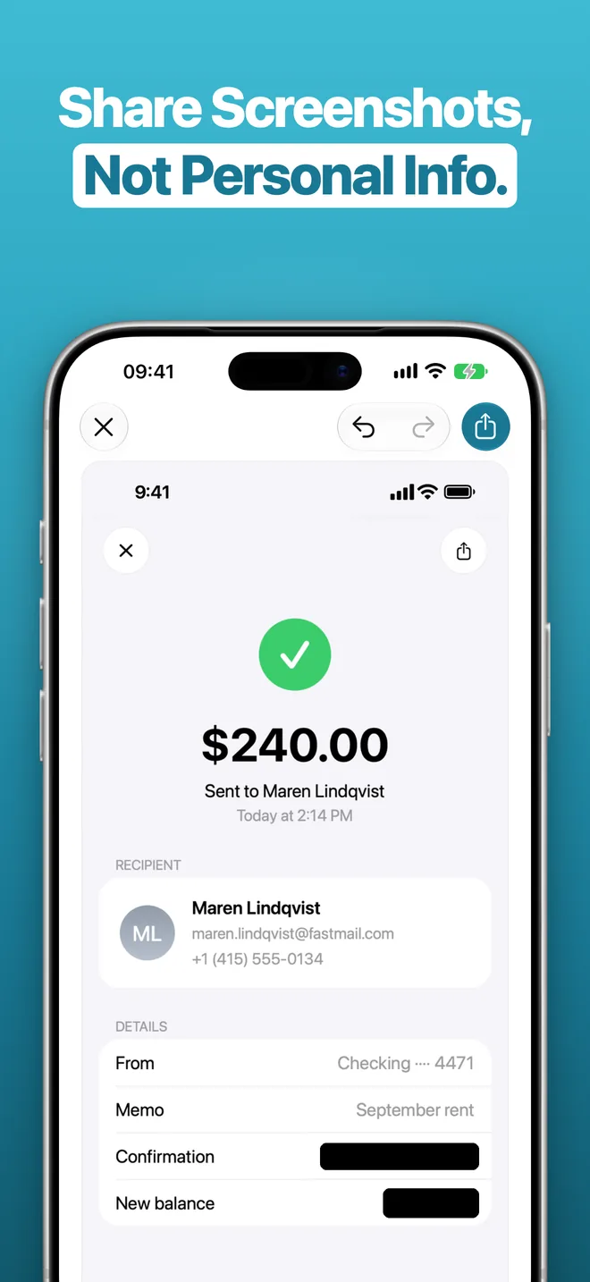 Slide 1: Share Screenshots, Not Personal Info. A transfer receipt in the editor with the confirmation number and the new balance covered.