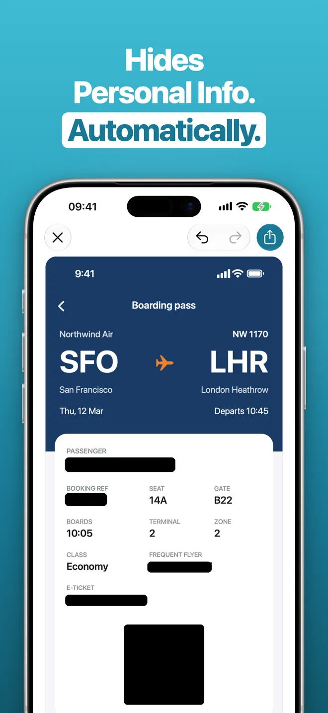 Slide 3: Hides Personal Info. Automatically. A boarding pass with the passenger name, booking reference, frequent flyer number, e-ticket and Aztec code covered.